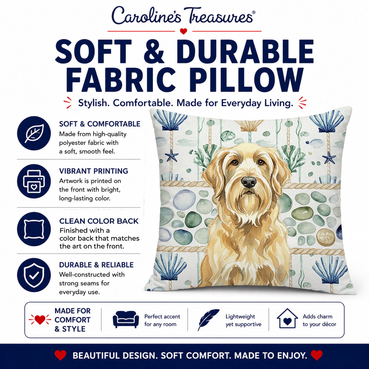 Wheaten and Tan Otterhound Coastal Sea Glass Decorative Throw Pillow 18x18 Indoor Outdoor Accent Cushion, Fabric Cover with Insert for Sofa, Bed, Porch & Living Room