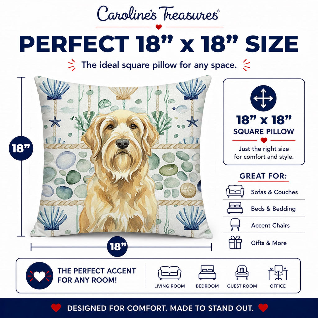 Wheaten and Tan Otterhound Coastal Sea Glass Decorative Throw Pillow 18x18 Indoor Outdoor Accent Cushion, Fabric Cover with Insert for Sofa, Bed, Porch & Living Room