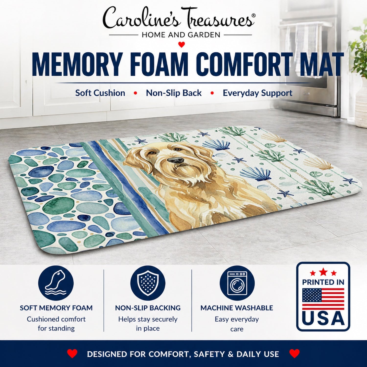 Wheaten and Tan Otterhound Coastal Sea Glass Memory Foam Kitchen Mat Machine Washable Anti-Fatigue Cushion Comfort Bath or Kitchen Rug