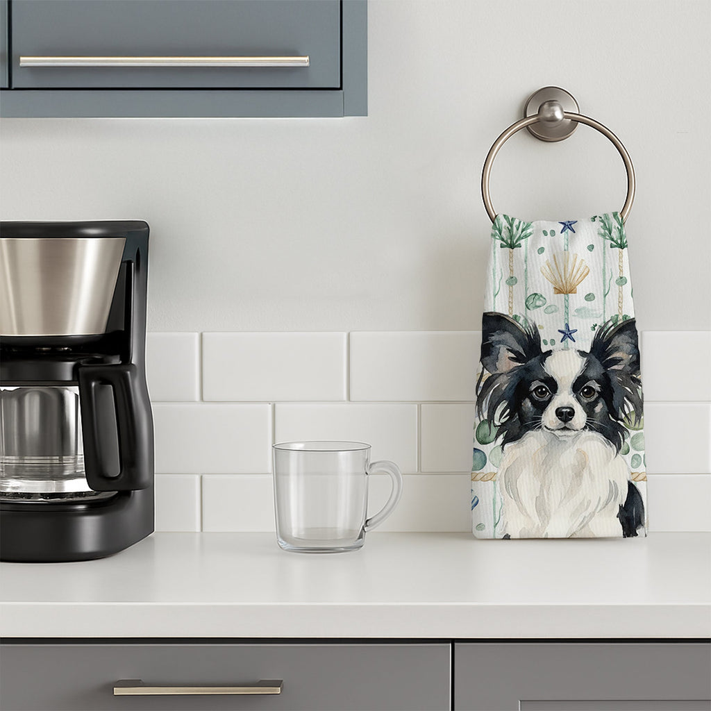 Black and White Papillon Coastal Sea Glass Kitchen Towel Velour Plush Front and Cotton Loop Back Machine Washable