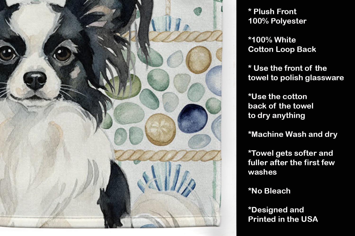 Black and White Papillon Coastal Sea Glass Kitchen Towel Velour Plush Front and Cotton Loop Back Machine Washable