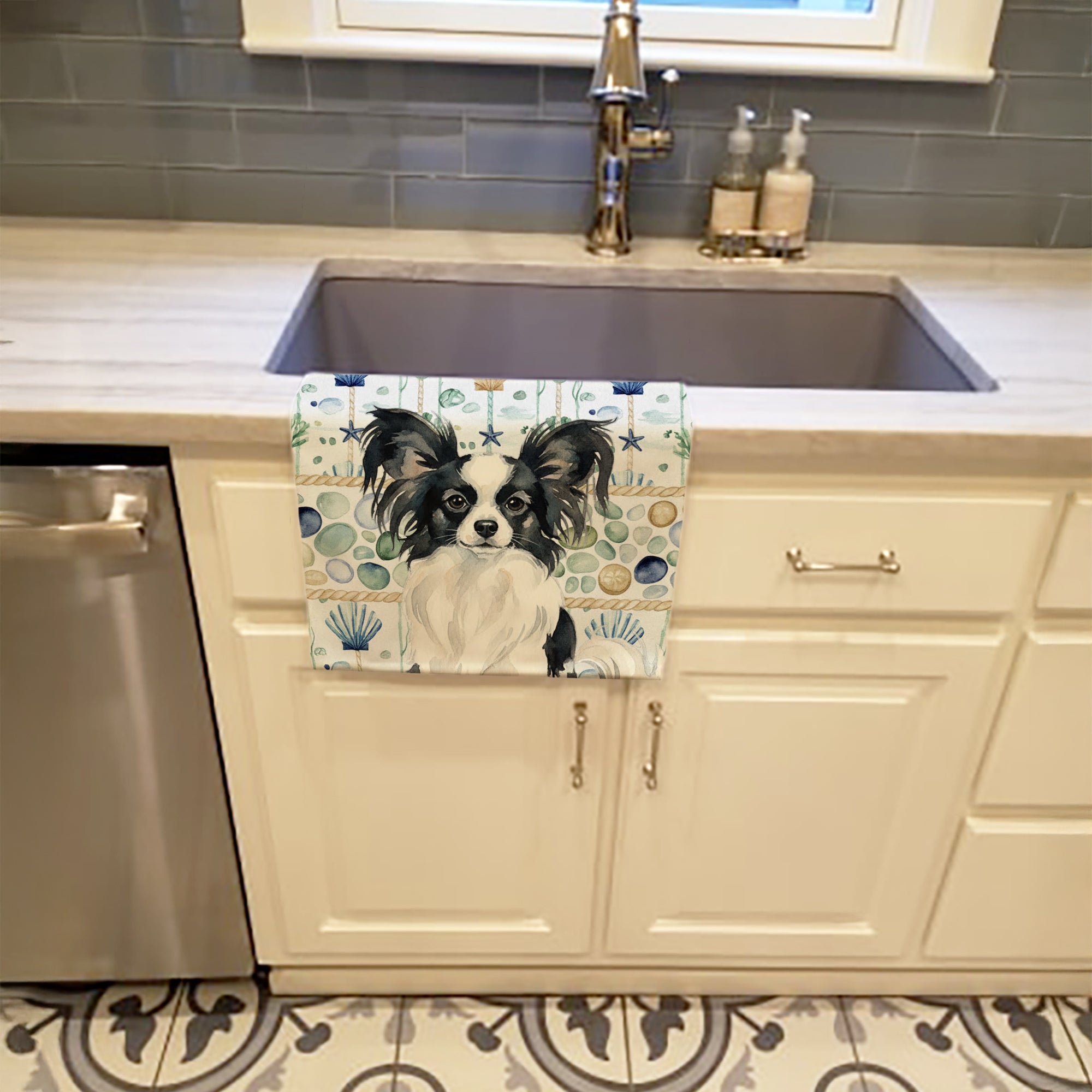 Black and White Papillon Coastal Sea Glass Kitchen Towel Velour Plush Front and Cotton Loop Back Machine Washable