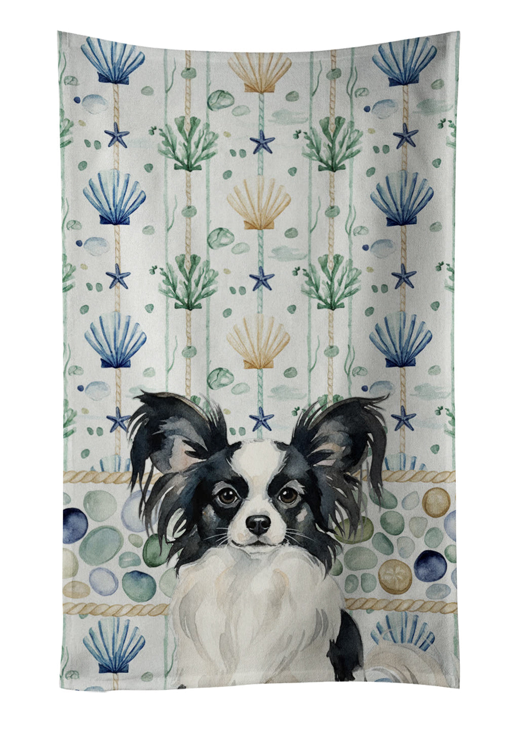 Black and White Papillon Coastal Sea Glass Kitchen Towel Velour Plush Front and Cotton Loop Back Machine Washable
