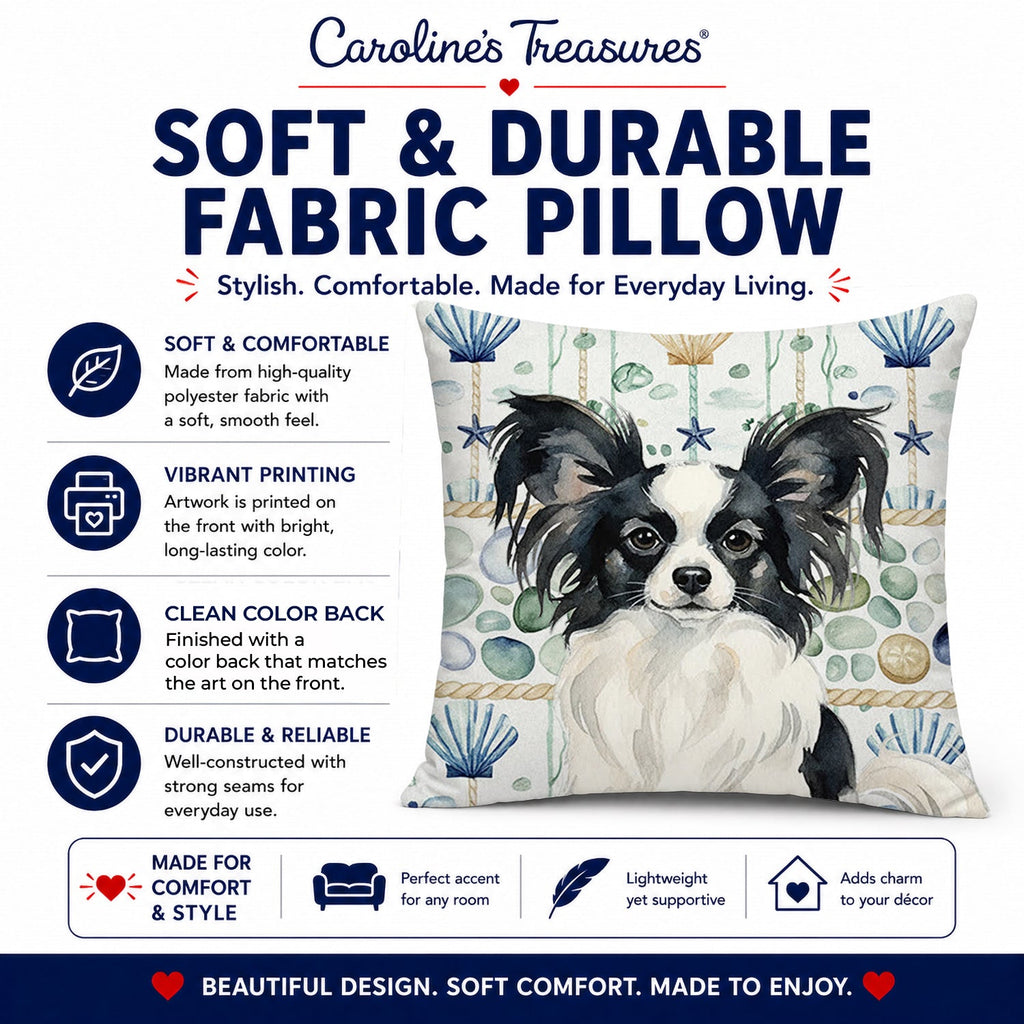 Black and White Papillon Coastal Sea Glass Decorative Throw Pillow 14x14 Indoor Outdoor Accent Cushion, Fabric Cover with Insert for Sofa, Bed, Porch & Living Room