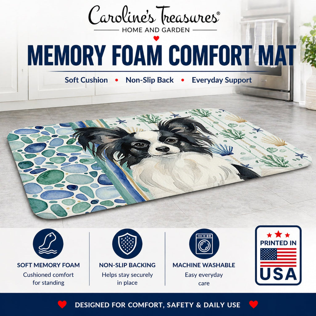 Black and White Papillon Coastal Sea Glass Memory Foam Kitchen Mat Machine Washable Anti-Fatigue Cushion Comfort Bath or Kitchen Rug