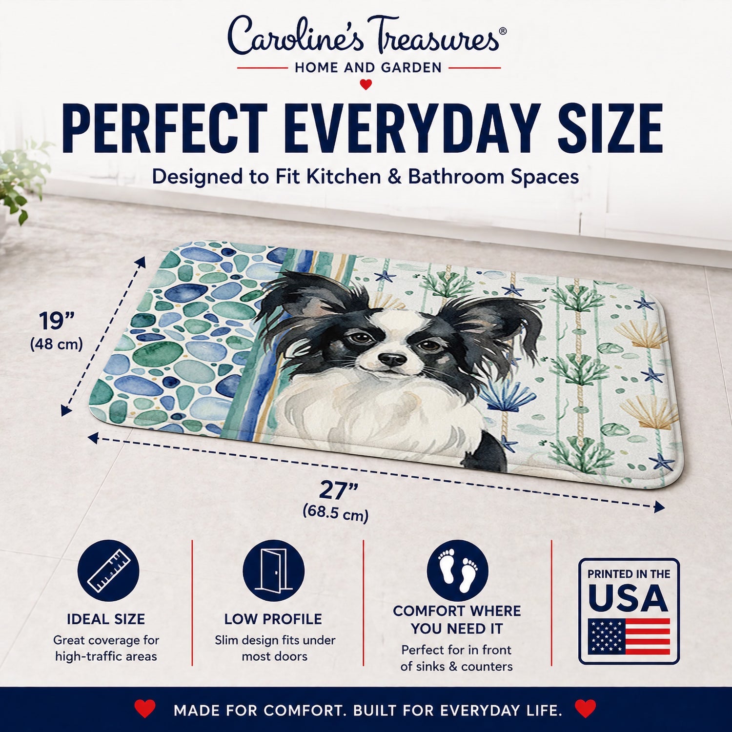 Black and White Papillon Coastal Sea Glass Memory Foam Kitchen Mat Machine Washable Anti-Fatigue Cushion Comfort Bath or Kitchen Rug