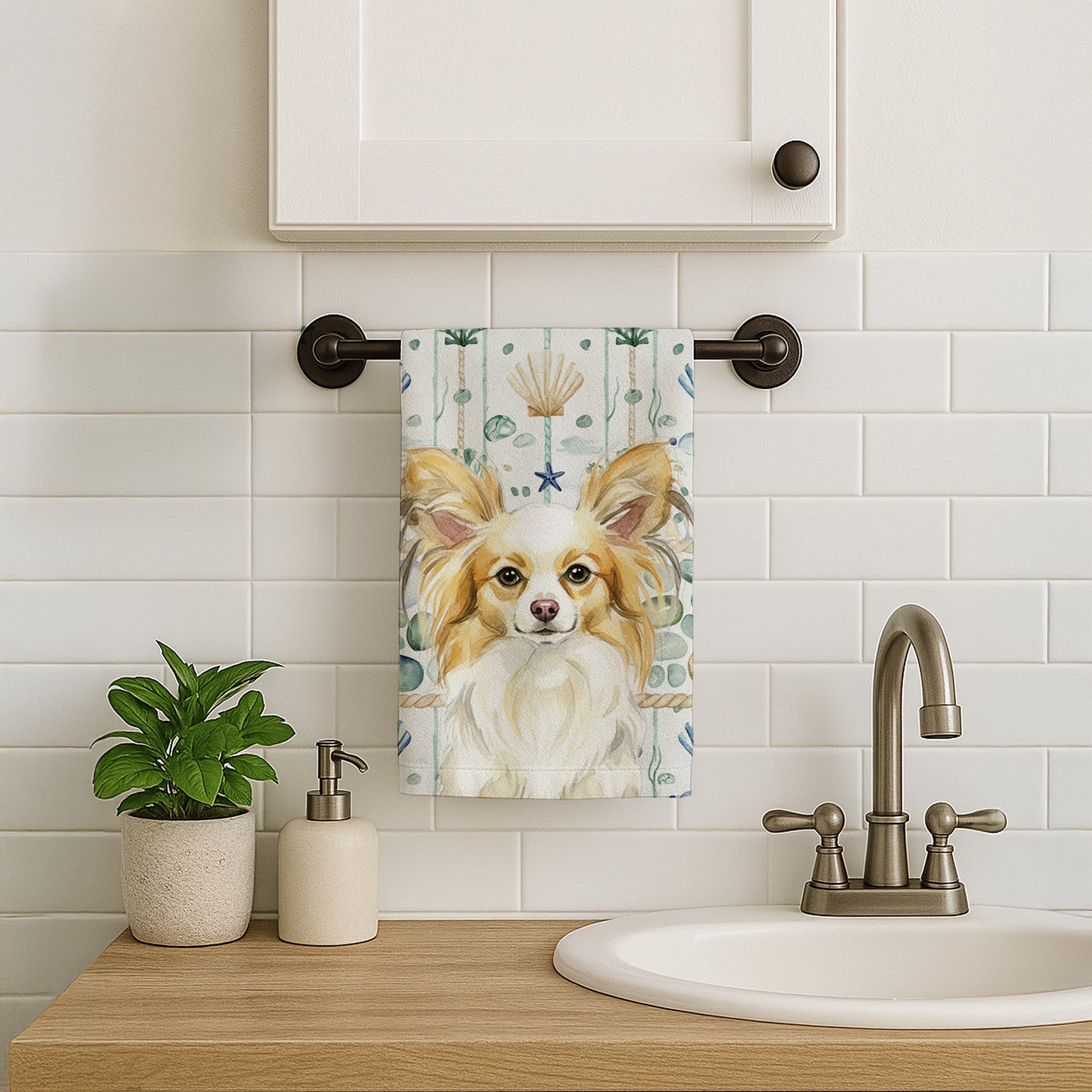 Lemon and White Papillon Coastal Sea Glass Kitchen Towel Velour Plush Front and Cotton Loop Back Machine Washable