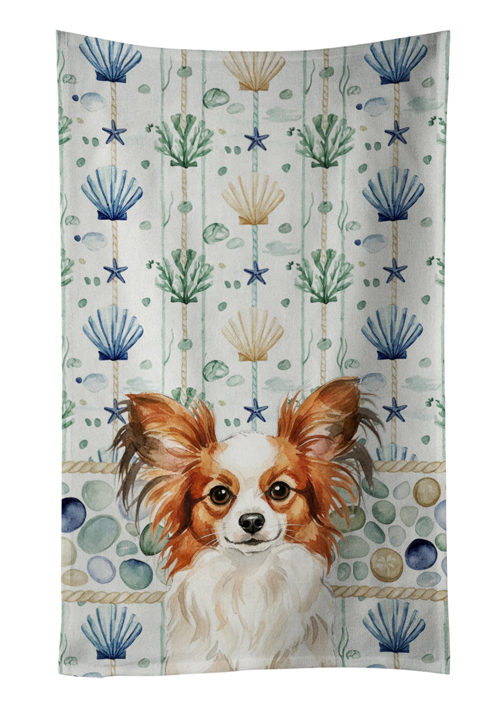 White with Red Papillon Coastal Sea Glass Kitchen Towel Velour Plush Front and Cotton Loop Back Machine Washable