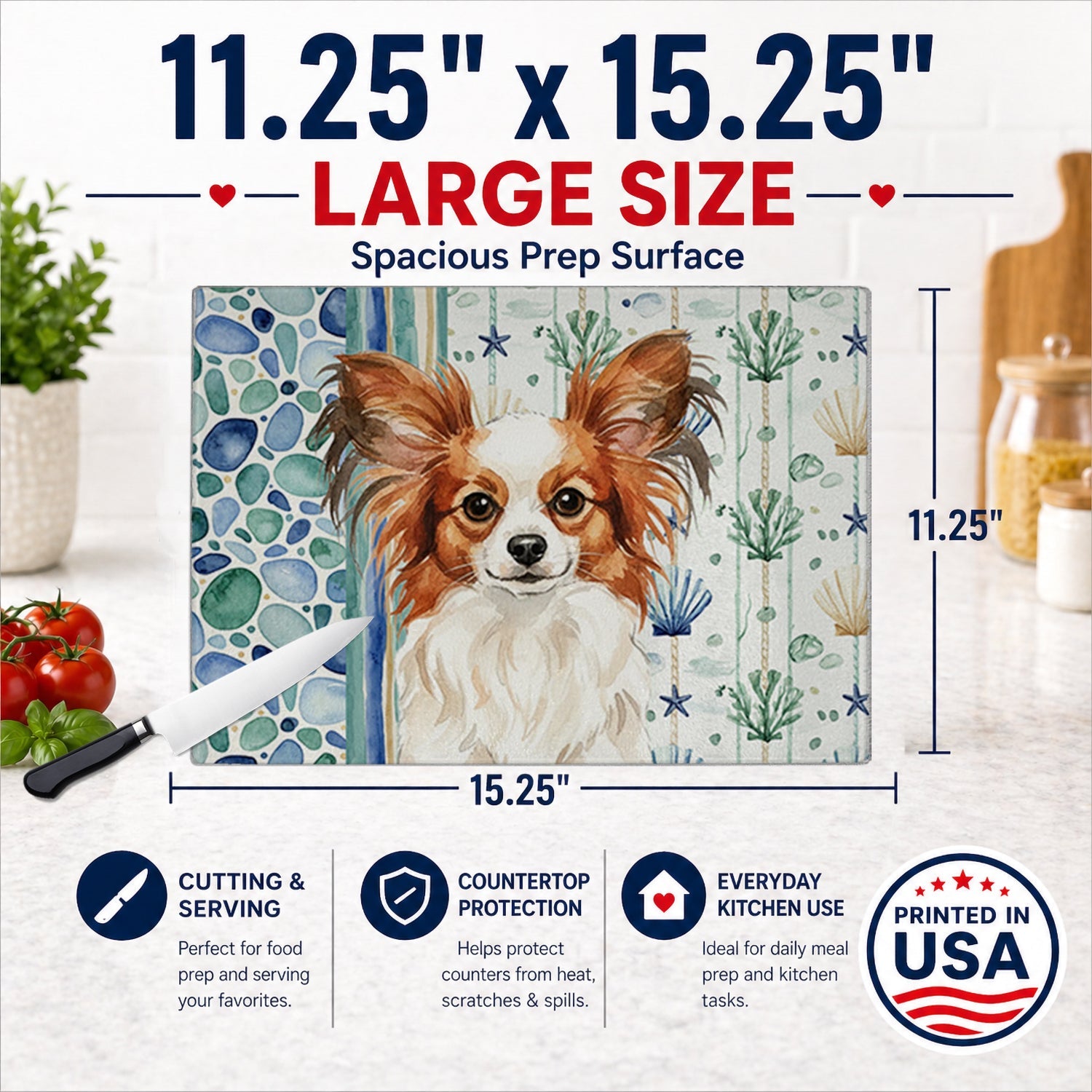 White with Red Papillon Coastal Sea Glass Cutting Board Tempered Glass Kitchen Cutting Surface, Heat Resistant Chopping, Non-Slip Feet, Food Prep & Serving