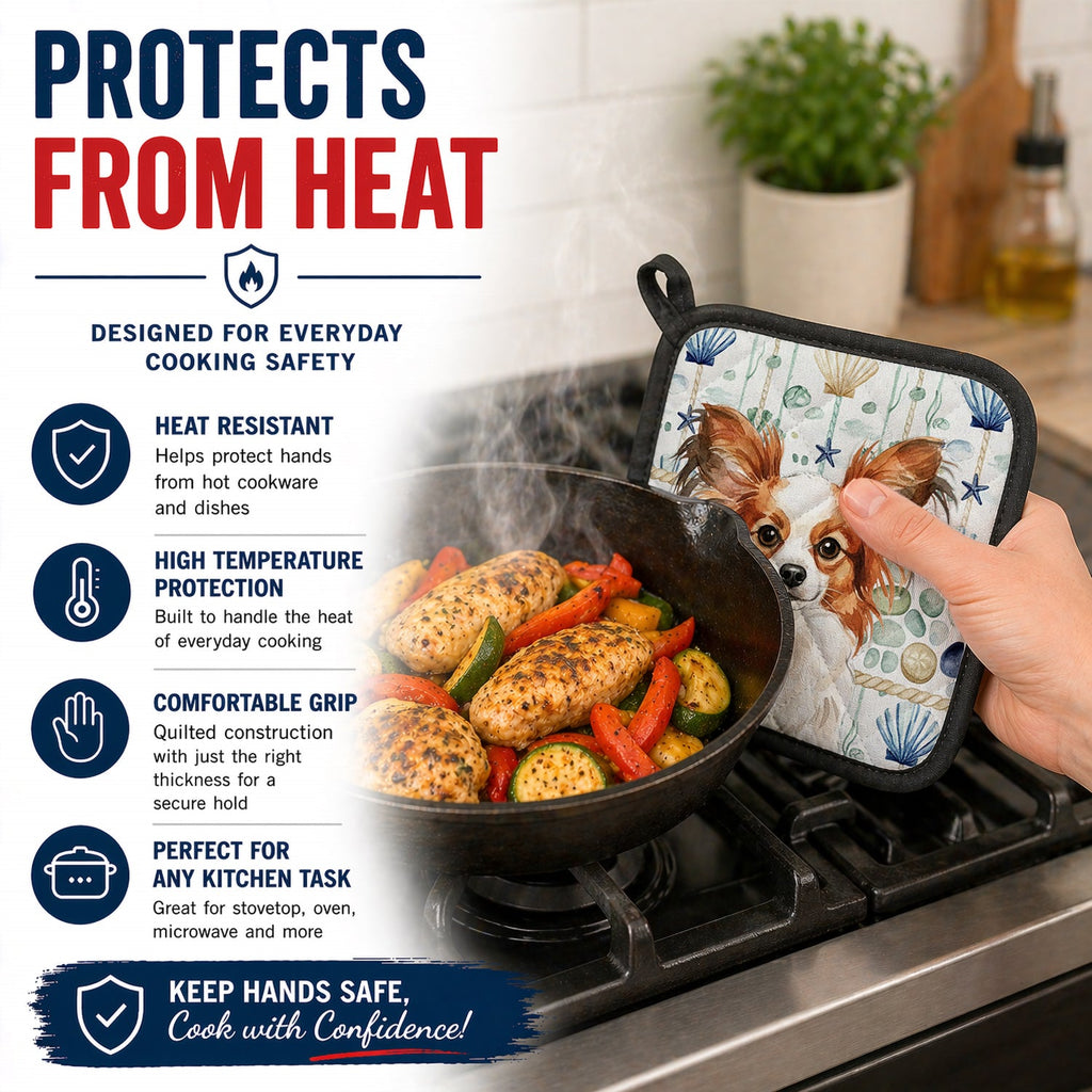 White with Red Papillon Coastal Sea Glass Pot Holder Set of 2 Heat Resistant Quilted Hot Pads 7.5 x 7.5 Inch, Insulated Kitchen Trivets for Cooking & Baking