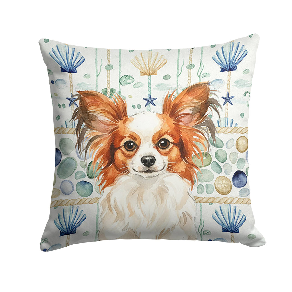 White with Red Papillon Coastal Sea Glass Decorative Throw Pillow 14x14 Indoor Outdoor Accent Cushion, Fabric Cover with Insert for Sofa, Bed, Porch & Living Room
