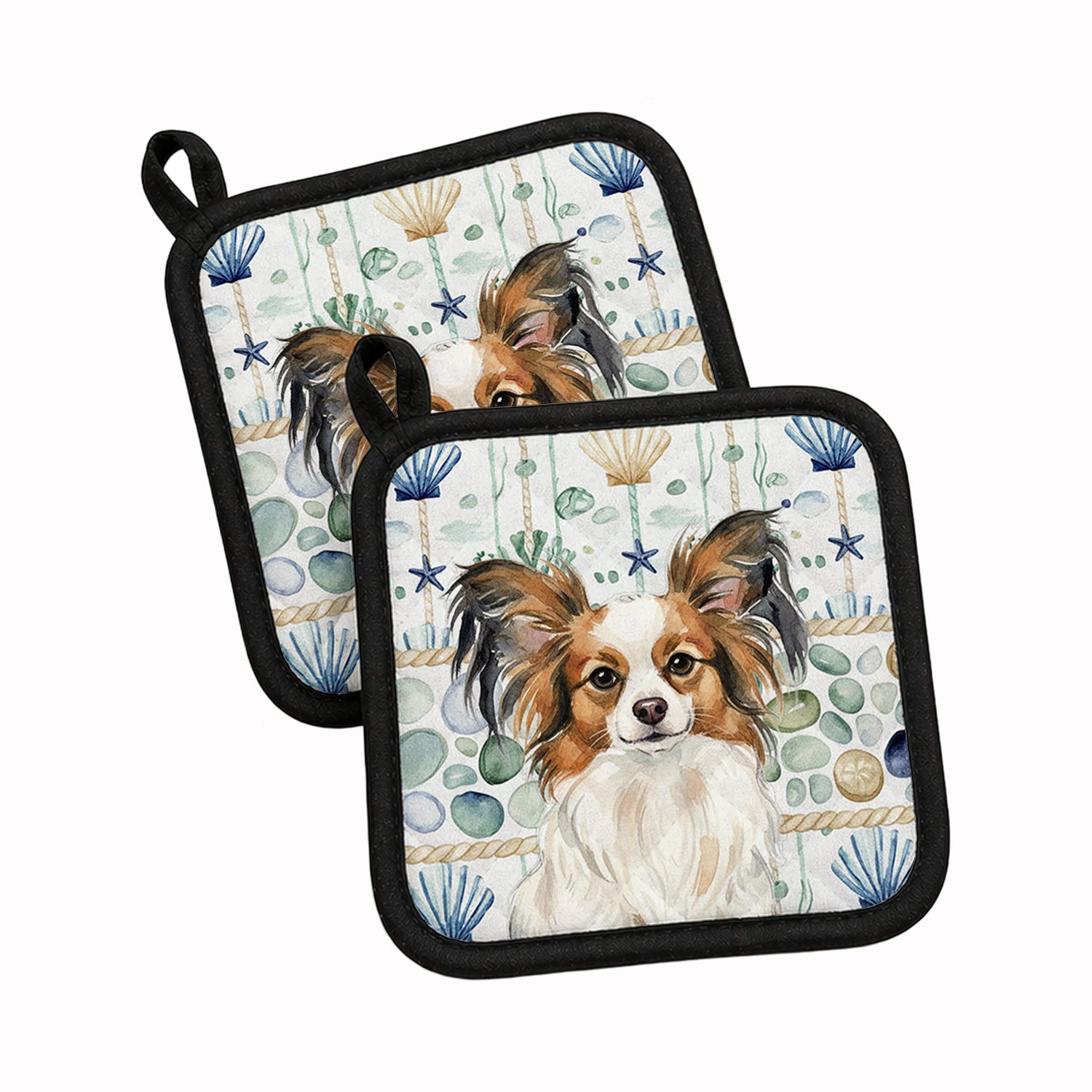 White with Sable Papillon Coastal Sea Glass Pot Holder Set of 2 Heat Resistant Quilted Hot Pads 7.5 x 7.5 Inch, Insulated Kitchen Trivets for Cooking & Baking