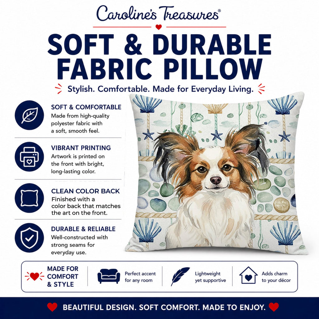 White with Sable Papillon Coastal Sea Glass Decorative Throw Pillow 14x14 Indoor Outdoor Accent Cushion, Fabric Cover with Insert for Sofa, Bed, Porch & Living Room