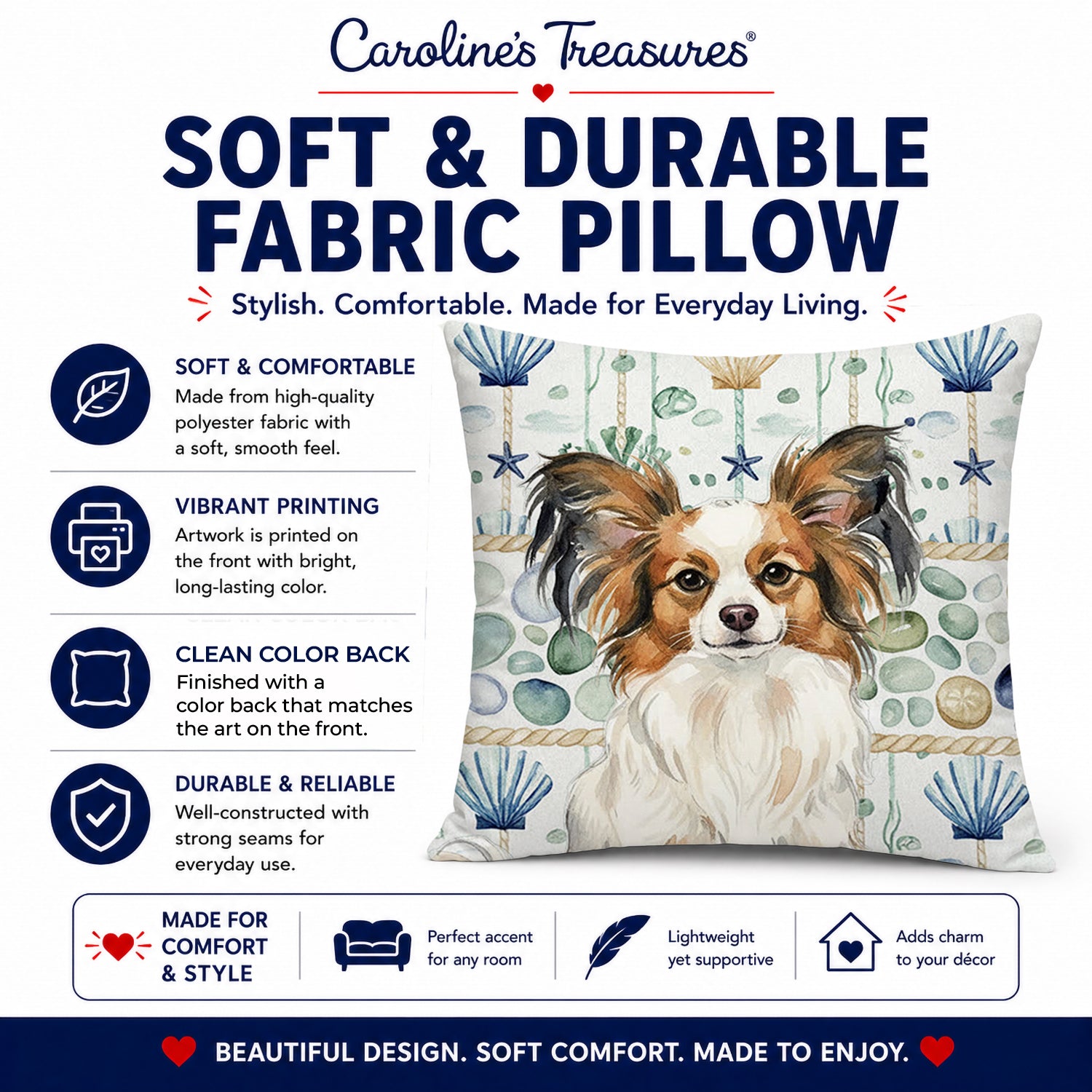 White with Sable Papillon Coastal Sea Glass Decorative Throw Pillow 14x14 Indoor Outdoor Accent Cushion, Fabric Cover with Insert for Sofa, Bed, Porch & Living Room