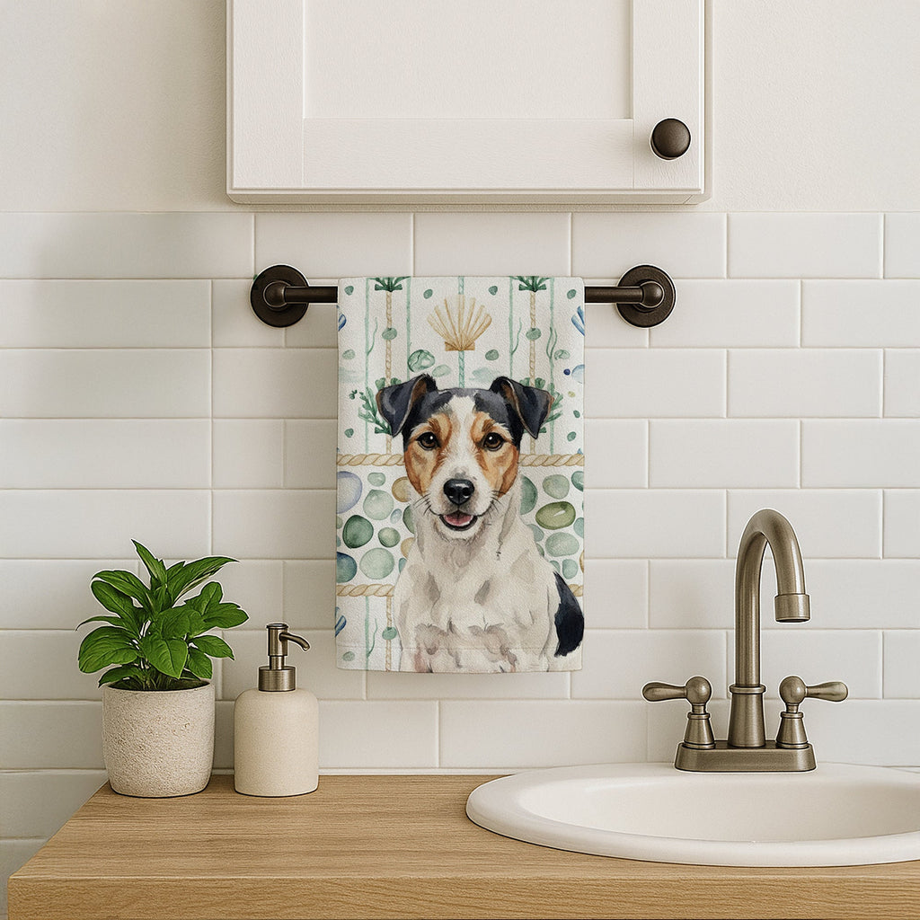 Parson Russell Terrier Coastal Sea Glass Kitchen Towel Velour Plush Front and Cotton Loop Back Machine Washable