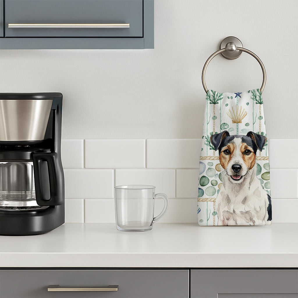 Parson Russell Terrier Coastal Sea Glass Kitchen Towel Velour Plush Front and Cotton Loop Back Machine Washable
