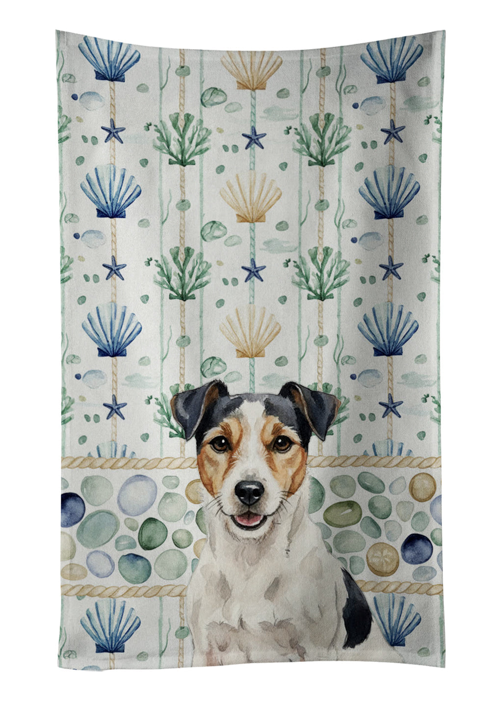 Parson Russell Terrier Coastal Sea Glass Kitchen Towel Velour Plush Front and Cotton Loop Back Machine Washable