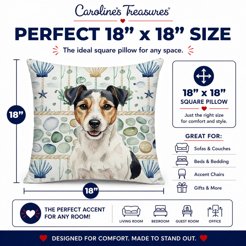 Parson Russell Terrier Coastal Sea Glass Decorative Throw Pillow 18x18 Indoor Outdoor Accent Cushion, Fabric Cover with Insert for Sofa, Bed, Porch & Living Room