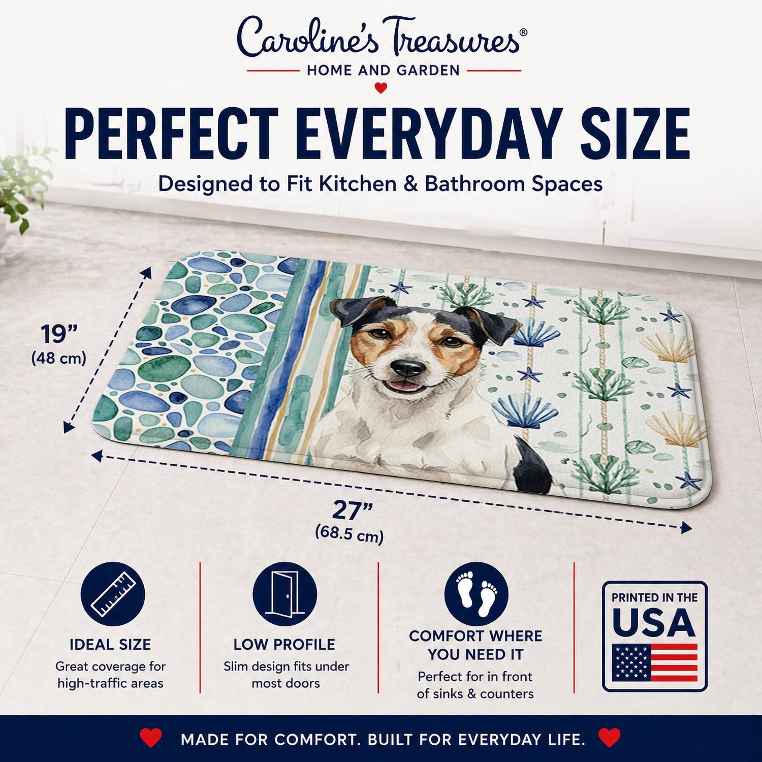 Parson Russell Terrier Coastal Sea Glass Memory Foam Kitchen Mat Machine Washable Anti-Fatigue Cushion Comfort Bath or Kitchen Rug