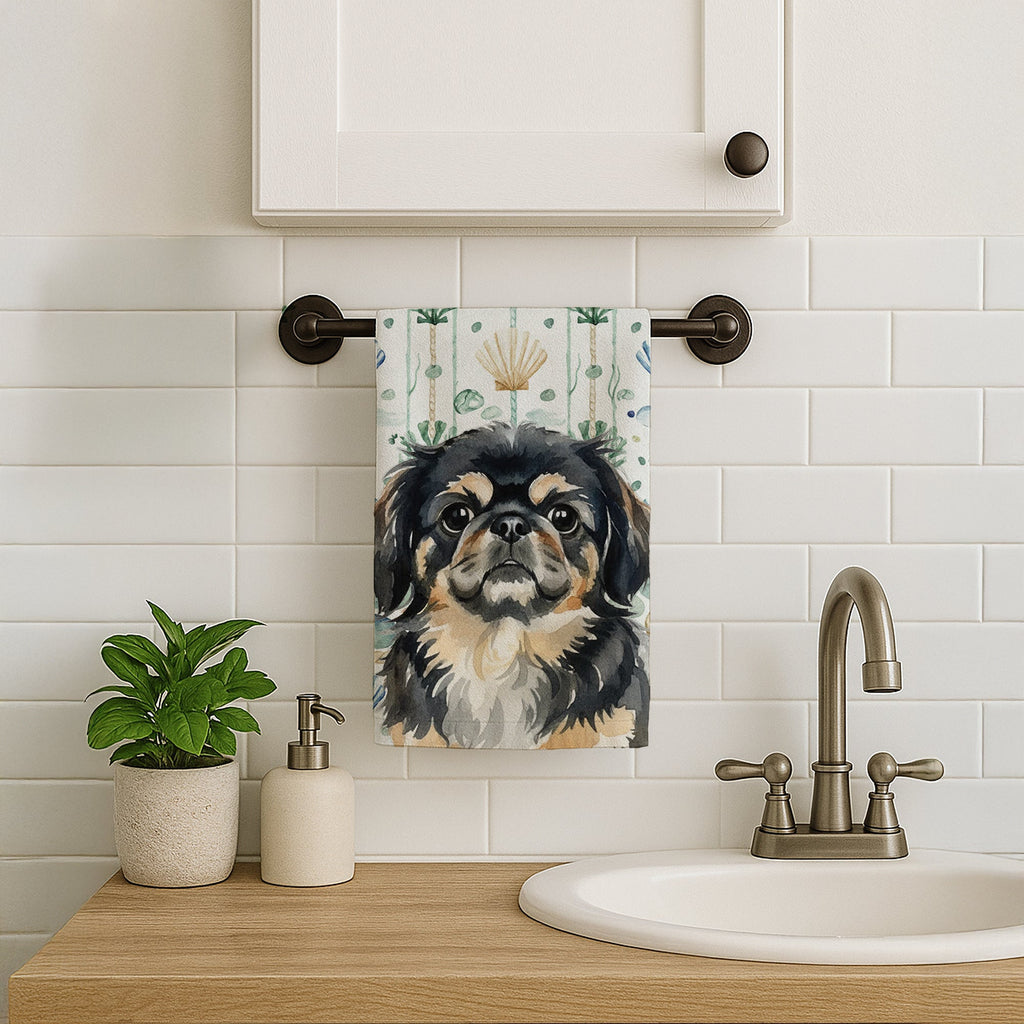 Black and Tan Pekingese Coastal Sea Glass Kitchen Towel Velour Plush Front and Cotton Loop Back Machine Washable