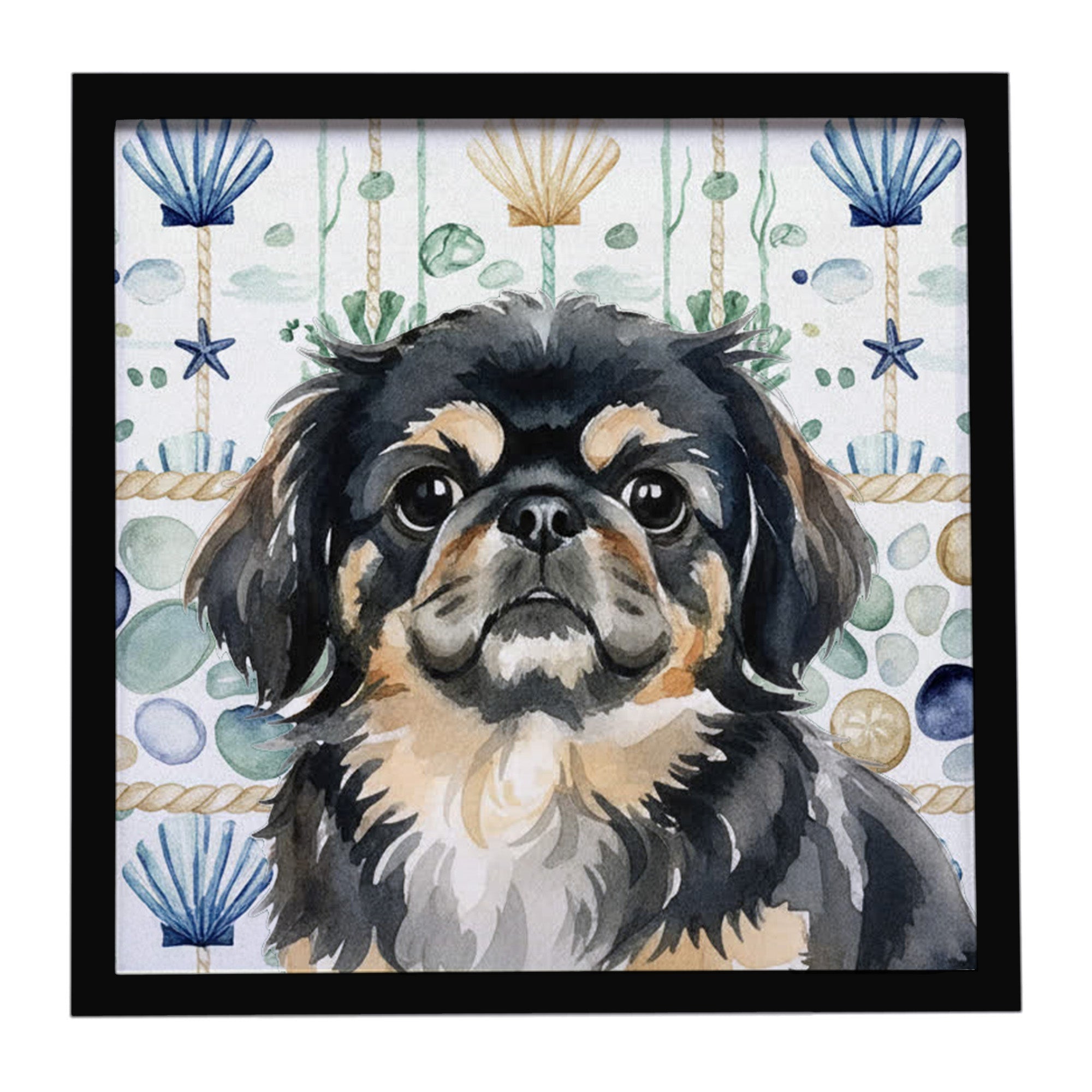 Black and Tan Pekingese Coastal Sea Glass Framed Metal Print Bathroom, Kitchen, Office, Home Decor Wall Art Ready to Hang, Square, 8X8