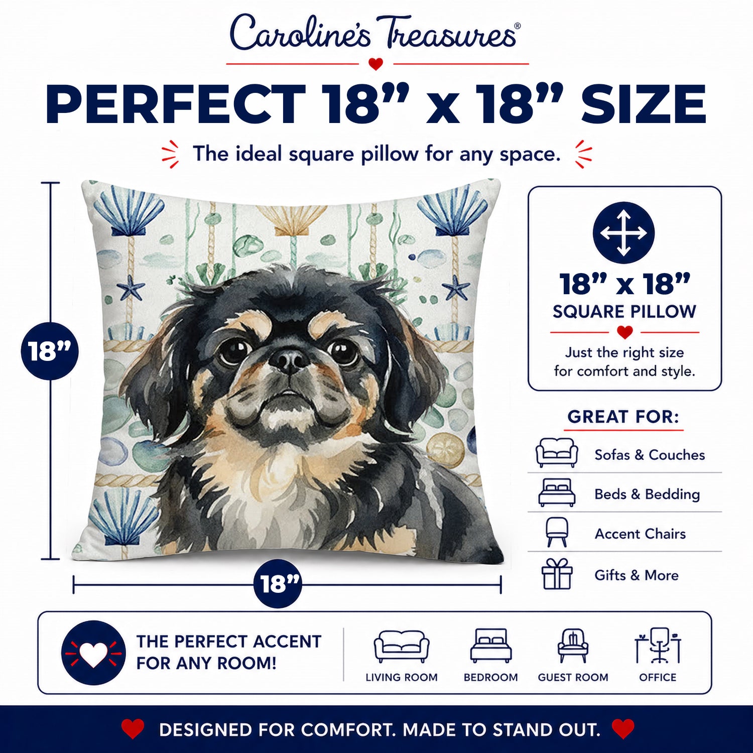 Black and Tan Pekingese Coastal Sea Glass Decorative Throw Pillow 18x18 Indoor Outdoor Accent Cushion, Fabric Cover with Insert for Sofa, Bed, Porch & Living Room