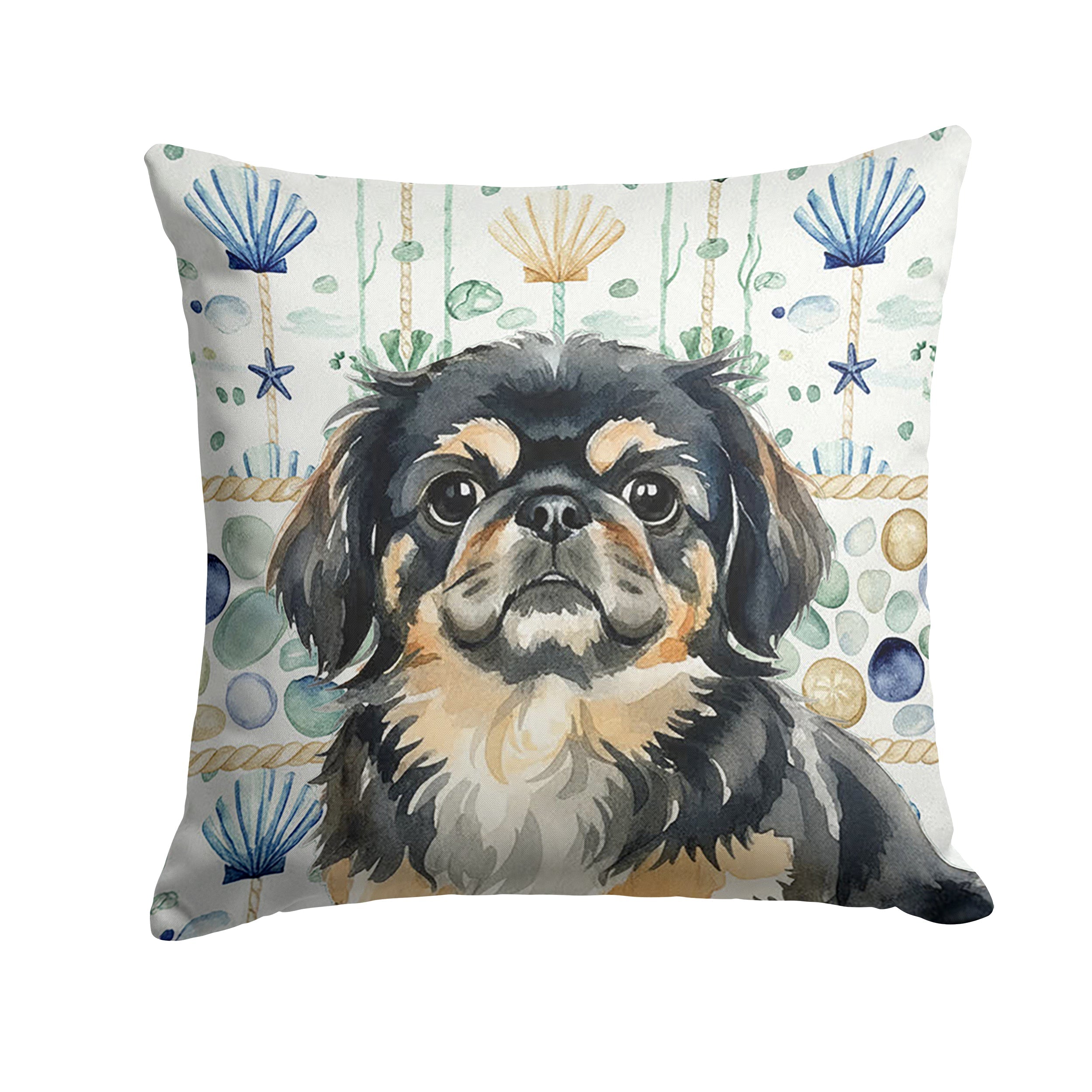 Black and Tan Pekingese Coastal Sea Glass Decorative Throw Pillow 18x18 Indoor Outdoor Accent Cushion, Fabric Cover with Insert for Sofa, Bed, Porch & Living Room