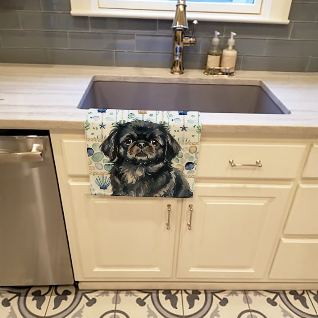 Black Pekingese Coastal Sea Glass Kitchen Towel Velour Plush Front and Cotton Loop Back Machine Washable