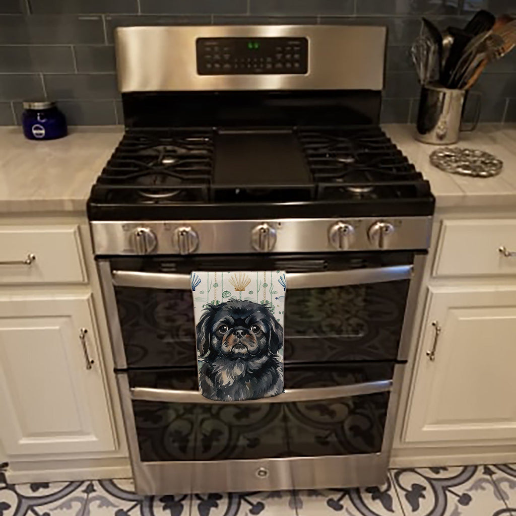 Black Pekingese Coastal Sea Glass Kitchen Towel Velour Plush Front and Cotton Loop Back Machine Washable
