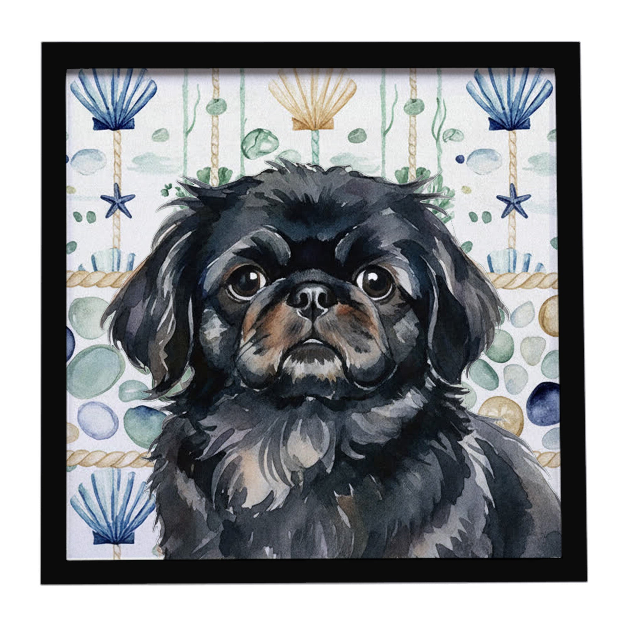 Black Pekingese Coastal Sea Glass Framed Metal Print Bathroom, Kitchen, Office, Home Decor Wall Art Ready to Hang, Square, 8X8