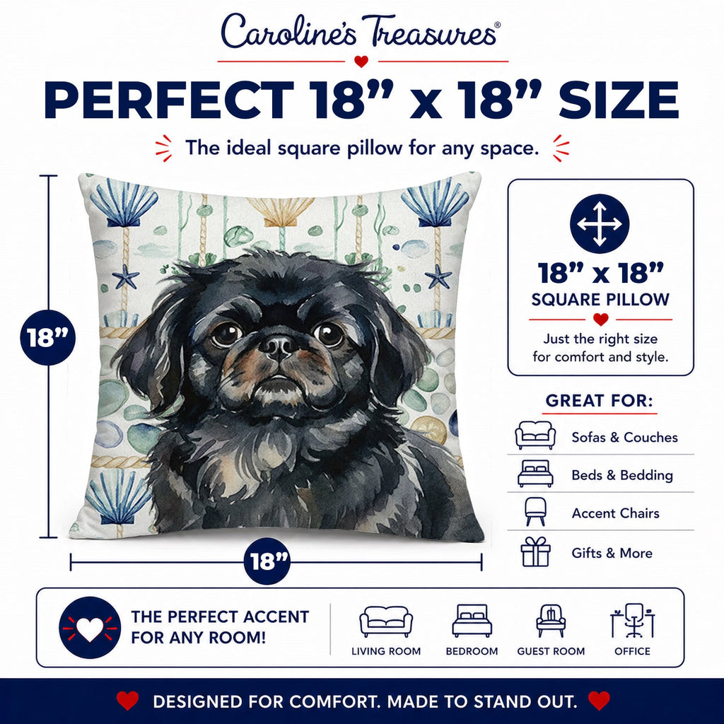 Black Pekingese Coastal Sea Glass Decorative Throw Pillow 18x18 Indoor Outdoor Accent Cushion, Fabric Cover with Insert for Sofa, Bed, Porch & Living Room