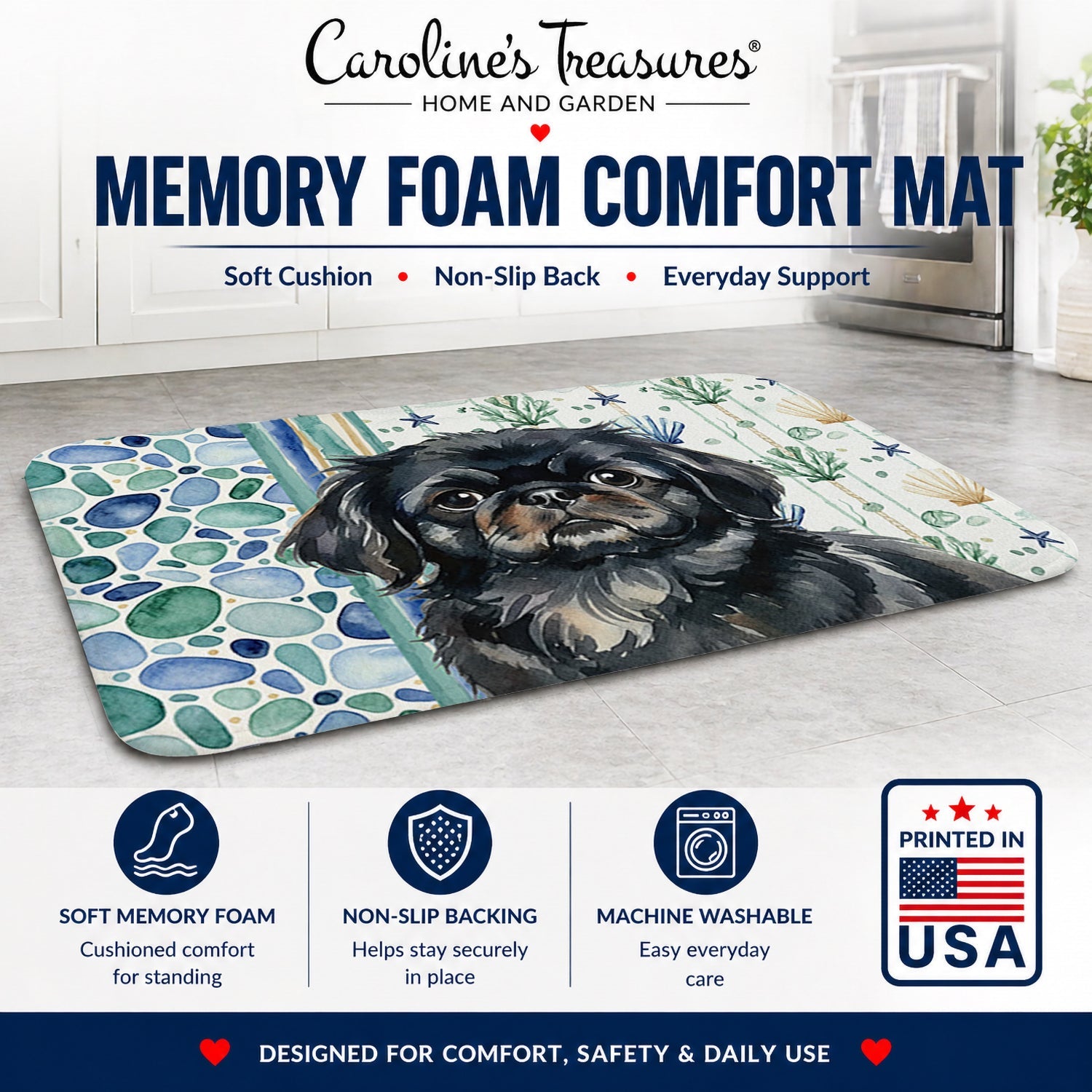 Black Pekingese Coastal Sea Glass Memory Foam Kitchen Mat Machine Washable Anti-Fatigue Cushion Comfort Bath or Kitchen Rug