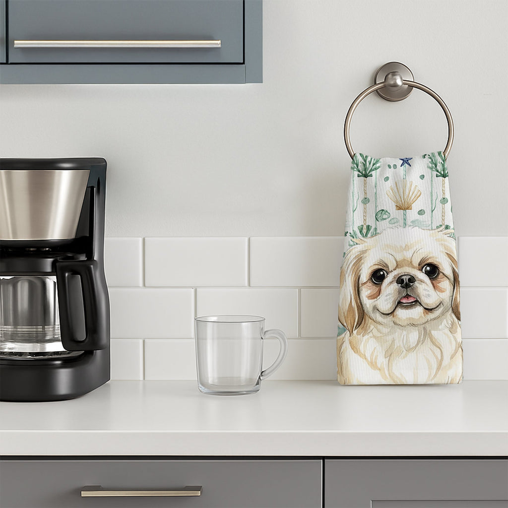Cream Pekingese Coastal Sea Glass Kitchen Towel Velour Plush Front and Cotton Loop Back Machine Washable
