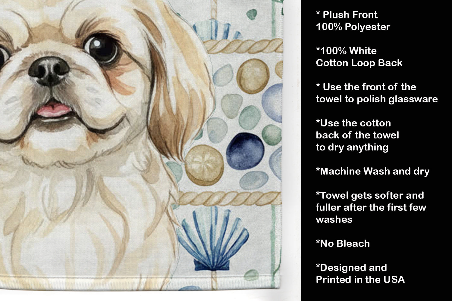 Cream Pekingese Coastal Sea Glass Kitchen Towel Velour Plush Front and Cotton Loop Back Machine Washable