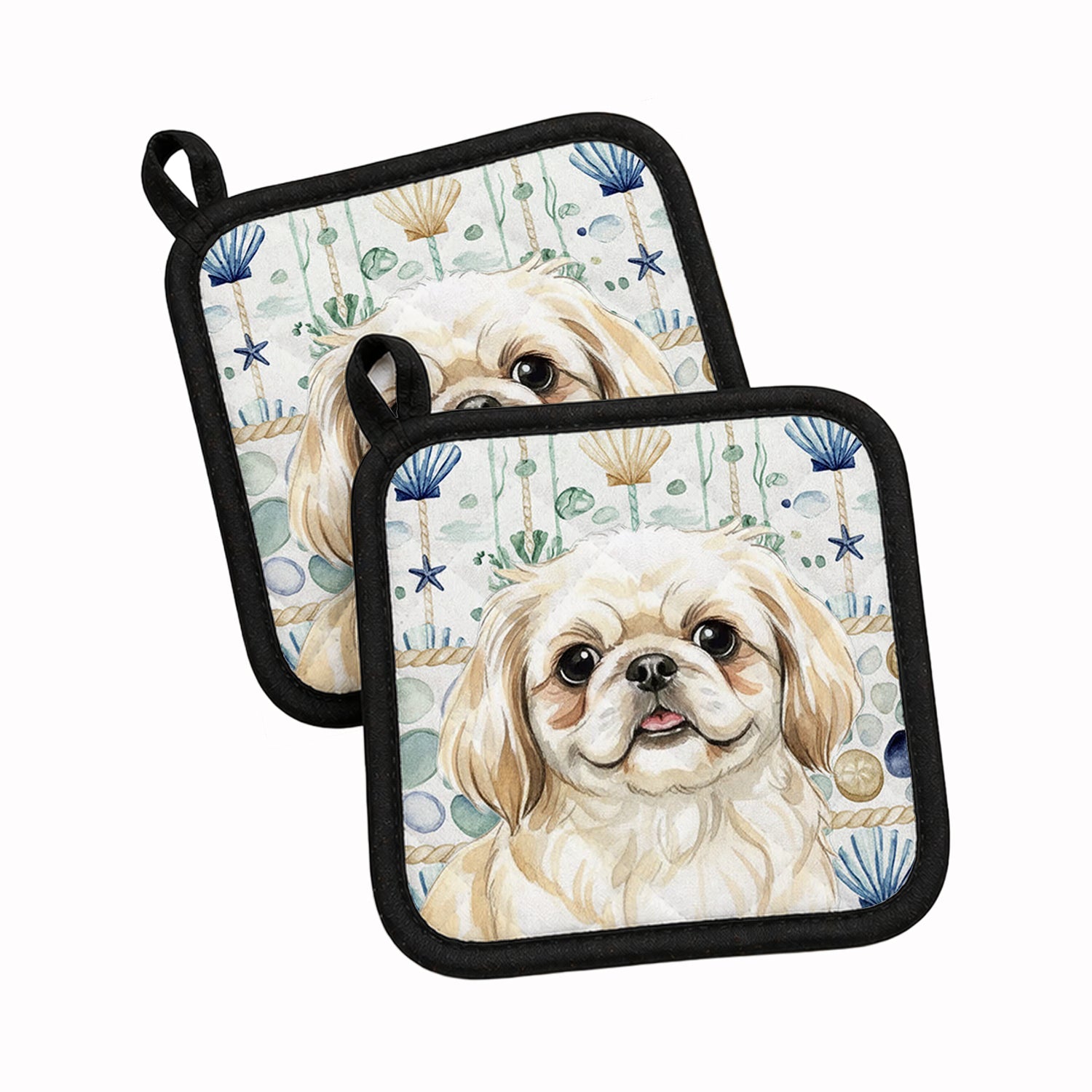 Cream Pekingese Coastal Sea Glass Pot Holder Set of 2 Heat Resistant Quilted Hot Pads 7.5 x 7.5 Inch, Insulated Kitchen Trivets for Cooking & Baking