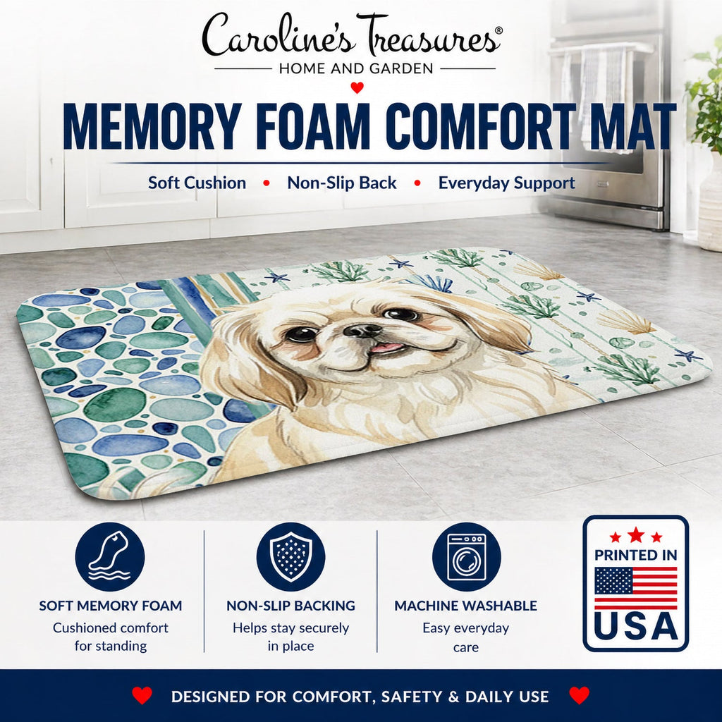 Cream Pekingese Coastal Sea Glass Memory Foam Kitchen Mat Machine Washable Anti-Fatigue Cushion Comfort Bath or Kitchen Rug