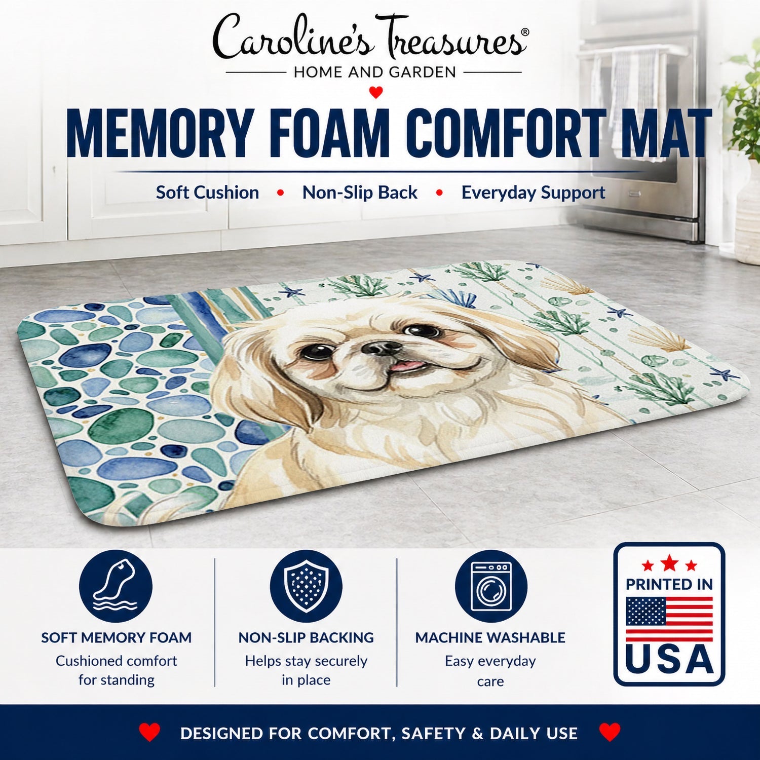 Cream Pekingese Coastal Sea Glass Memory Foam Kitchen Mat Machine Washable Anti-Fatigue Cushion Comfort Bath or Kitchen Rug