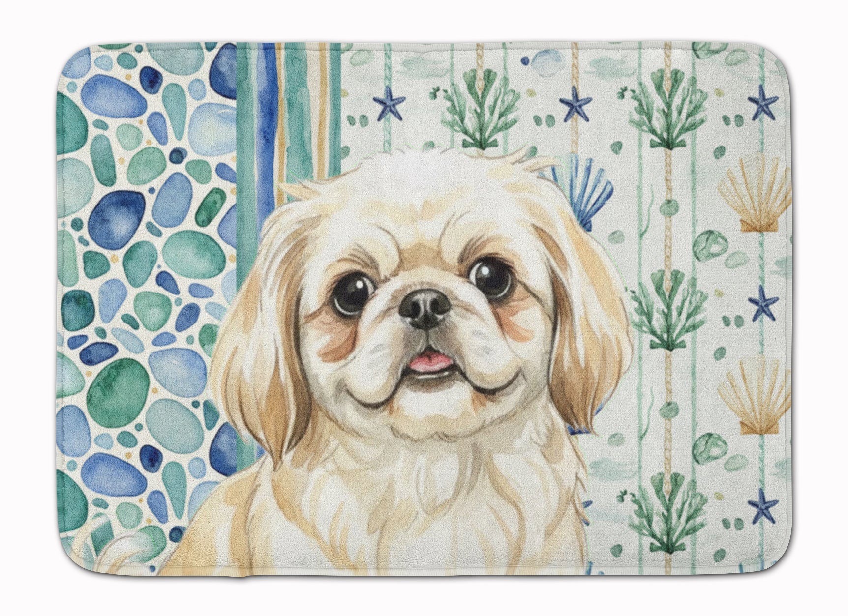 Cream Pekingese Coastal Sea Glass Memory Foam Kitchen Mat Machine Washable Anti-Fatigue Cushion Comfort Bath or Kitchen Rug