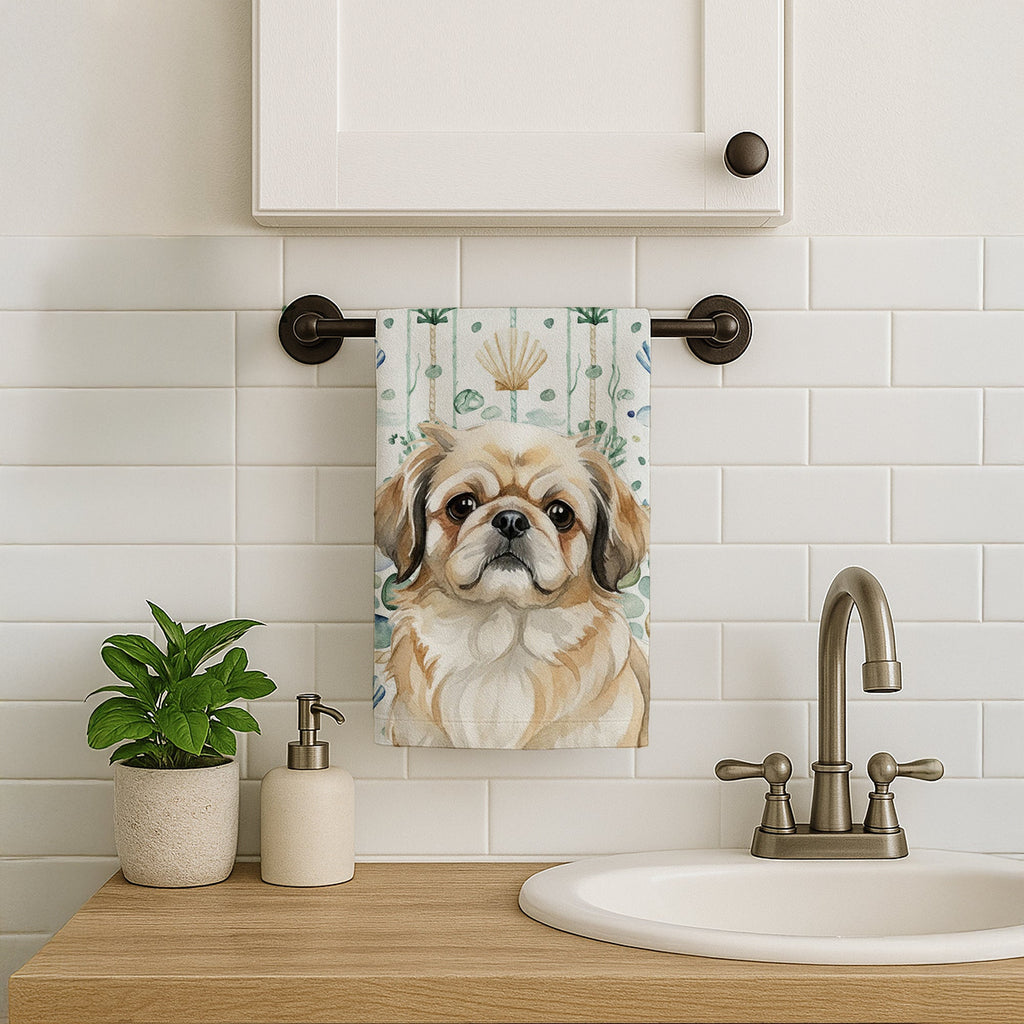 Fawn Pekingese Coastal Sea Glass Kitchen Towel Velour Plush Front and Cotton Loop Back Machine Washable