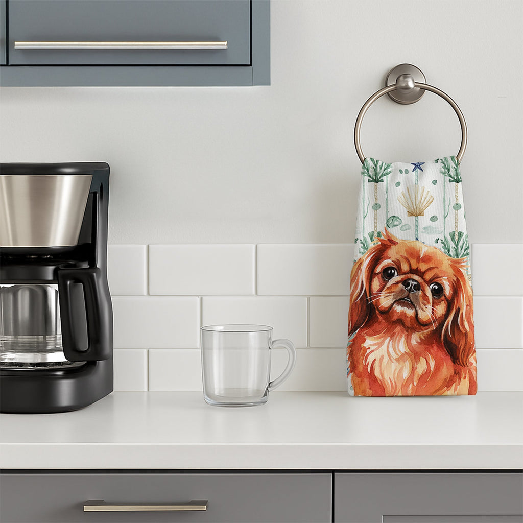 Red Pekingese Coastal Sea Glass Kitchen Towel Velour Plush Front and Cotton Loop Back Machine Washable