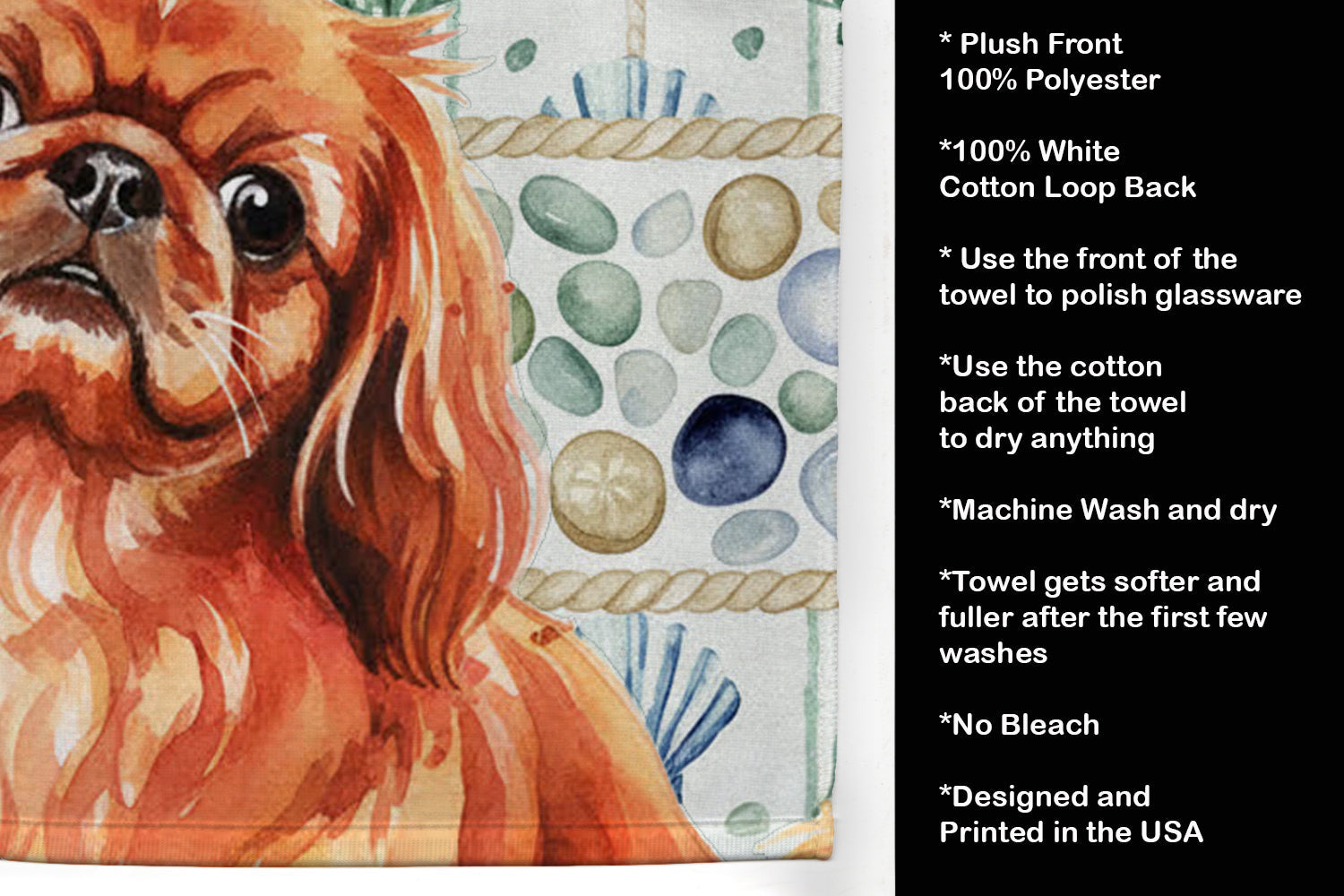 Red Pekingese Coastal Sea Glass Kitchen Towel Velour Plush Front and Cotton Loop Back Machine Washable