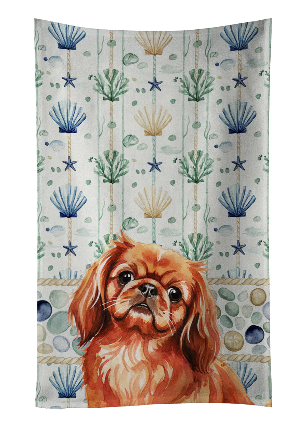 Red Pekingese Coastal Sea Glass Kitchen Towel Velour Plush Front and Cotton Loop Back Machine Washable