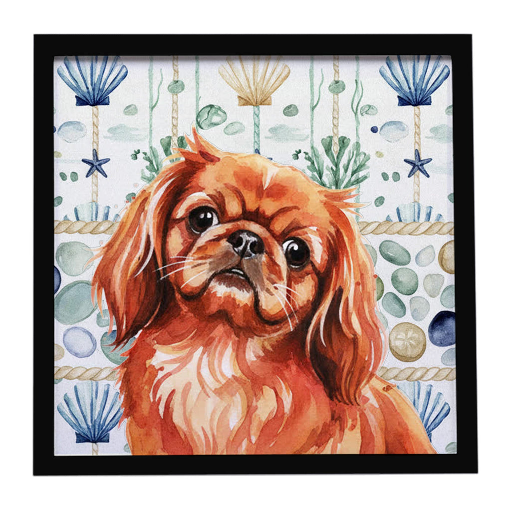 Red Pekingese Coastal Sea Glass Framed Metal Print Bathroom, Kitchen, Office, Home Decor Wall Art Ready to Hang, Square, 8X8