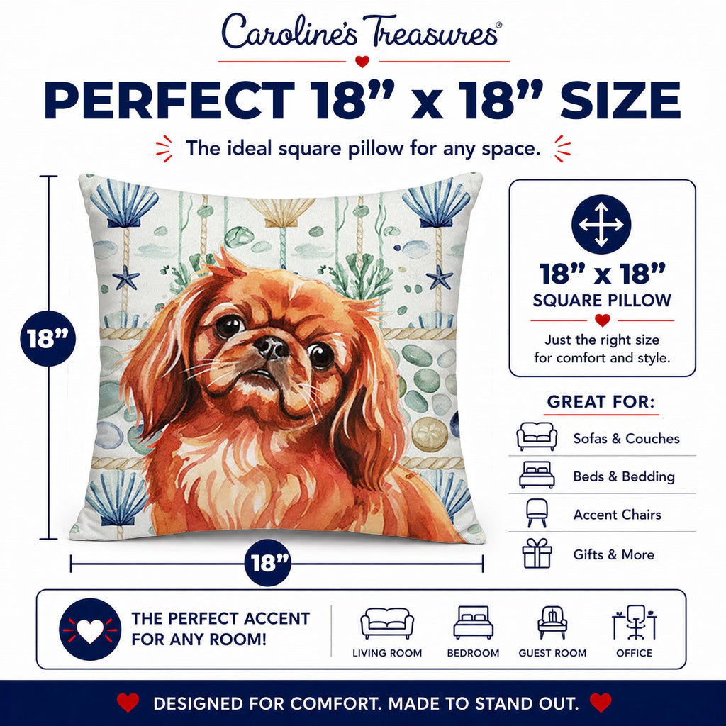 Red Pekingese Coastal Sea Glass Decorative Throw Pillow 18x18 Indoor Outdoor Accent Cushion, Fabric Cover with Insert for Sofa, Bed, Porch & Living Room