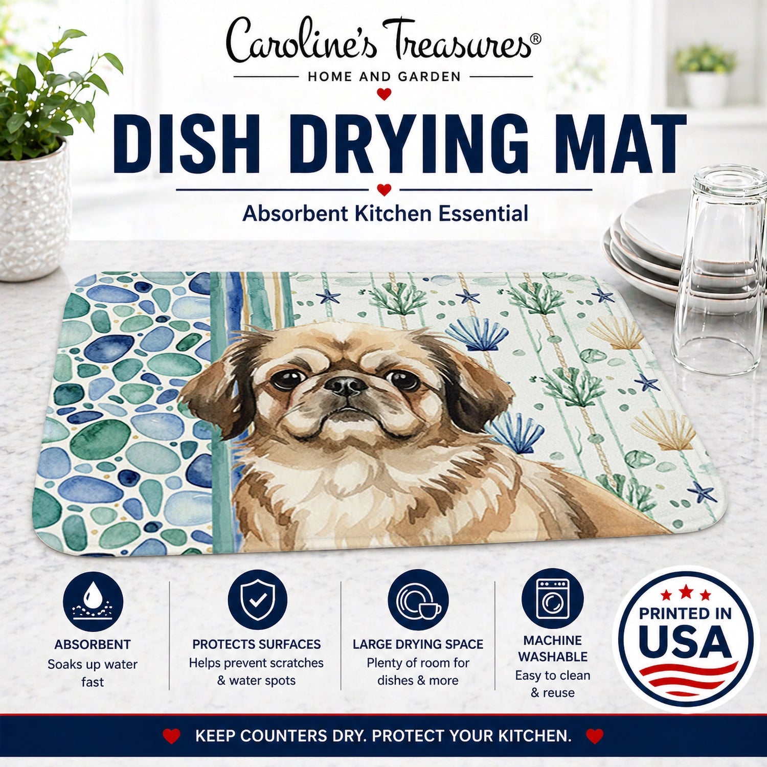 Sable Pekingese Coastal Sea Glass Dish Drying Mat Absorbent Dish Drying Mat Pad for Kitchen Counter Dish Drainer Mat for Countertop, 14 x 21", Multicolor