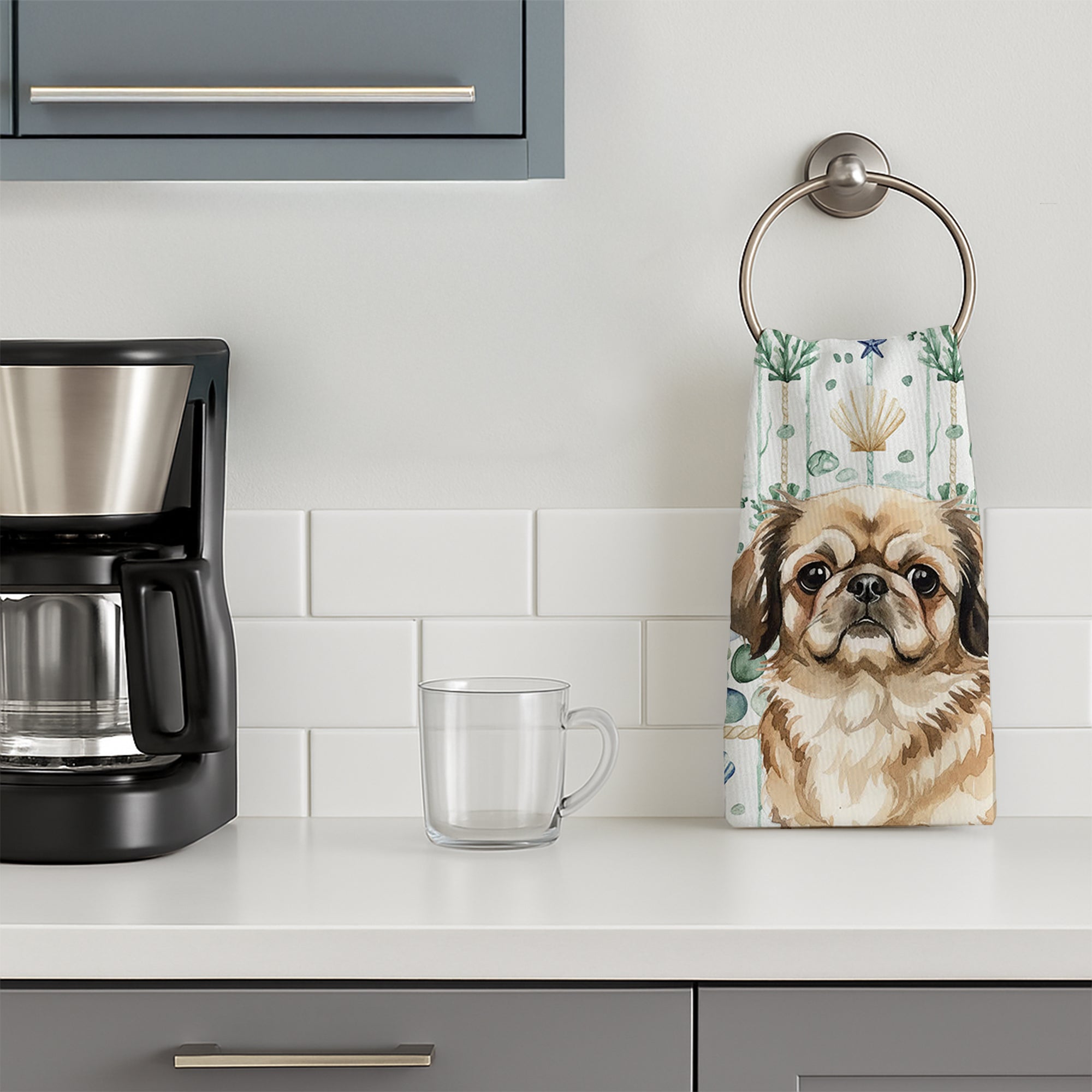 Sable Pekingese Coastal Sea Glass Kitchen Towel Velour Plush Front and Cotton Loop Back Machine Washable
