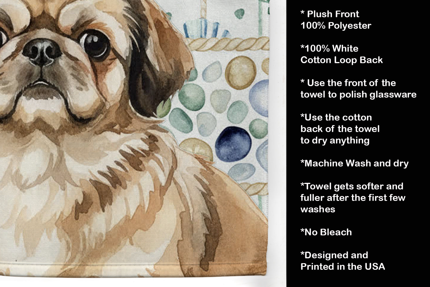 Sable Pekingese Coastal Sea Glass Kitchen Towel Velour Plush Front and Cotton Loop Back Machine Washable