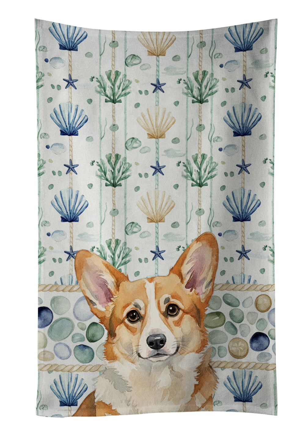 Corgi Coastal Sea Glass Kitchen Towel Velour Plush Front and Cotton Loop Back Machine Washable