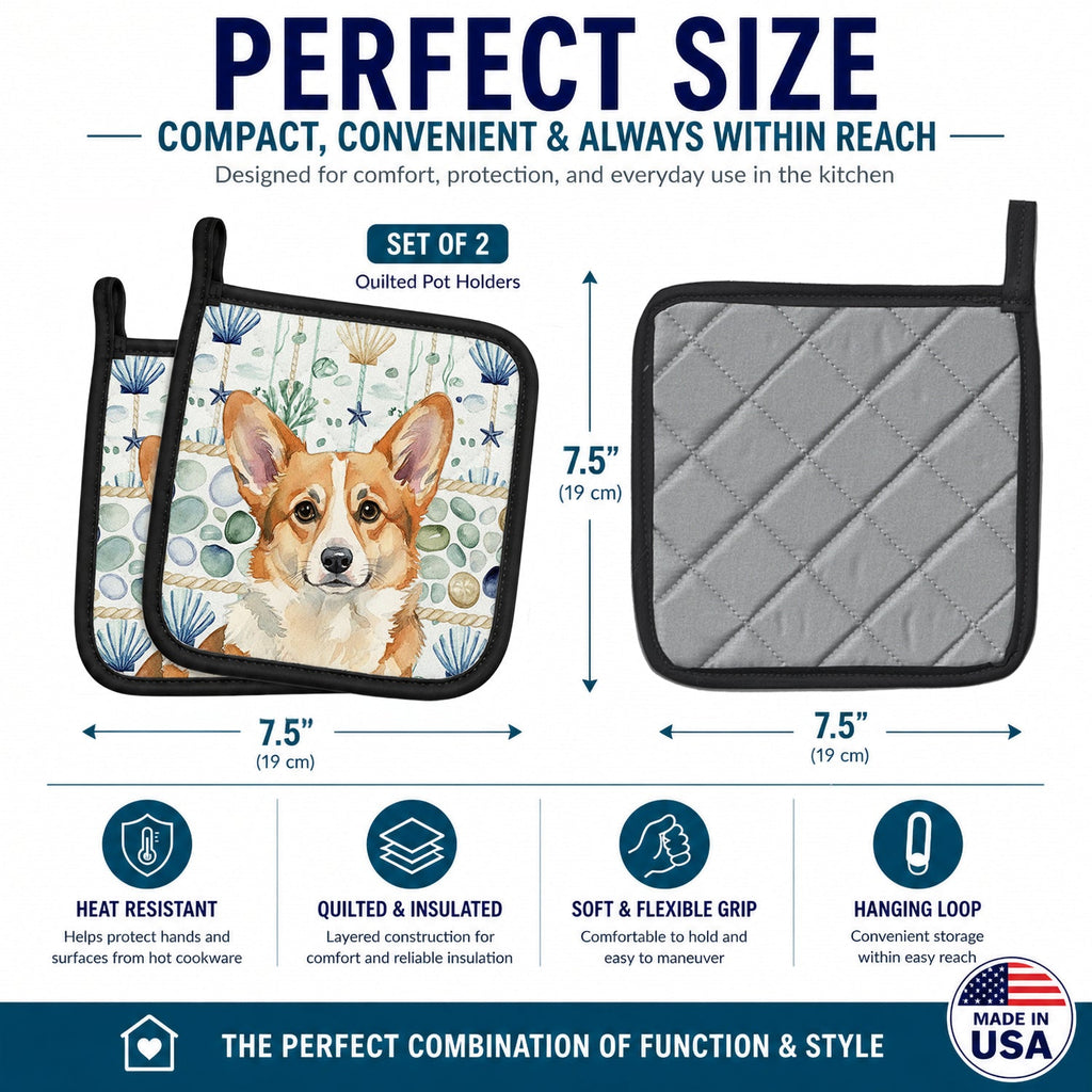 Corgi Coastal Sea Glass Pot Holder Set of 2 Heat Resistant Quilted Hot Pads 7.5 x 7.5 Inch, Insulated Kitchen Trivets for Cooking & Baking