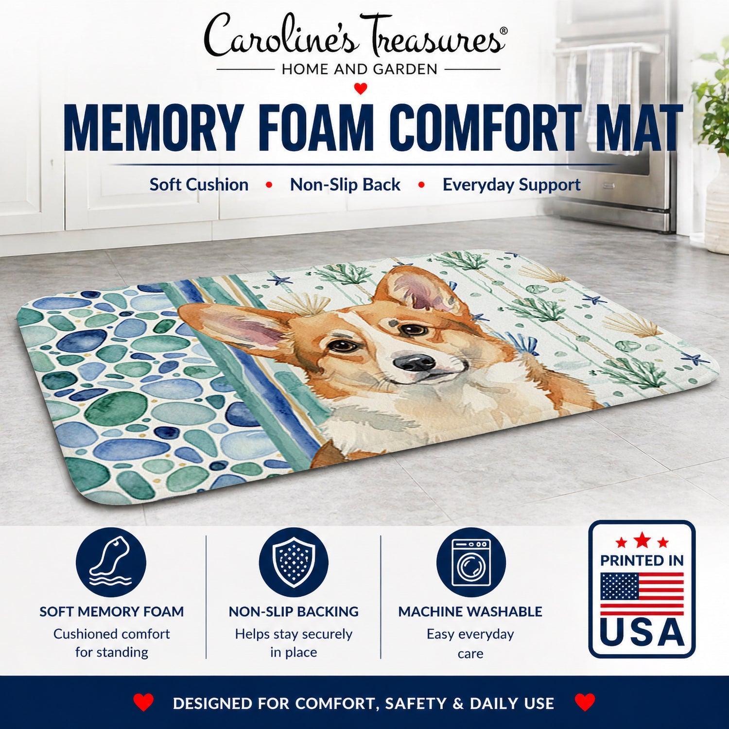 Corgi Coastal Sea Glass Memory Foam Kitchen Mat Machine Washable Anti-Fatigue Cushion Comfort Bath or Kitchen Rug